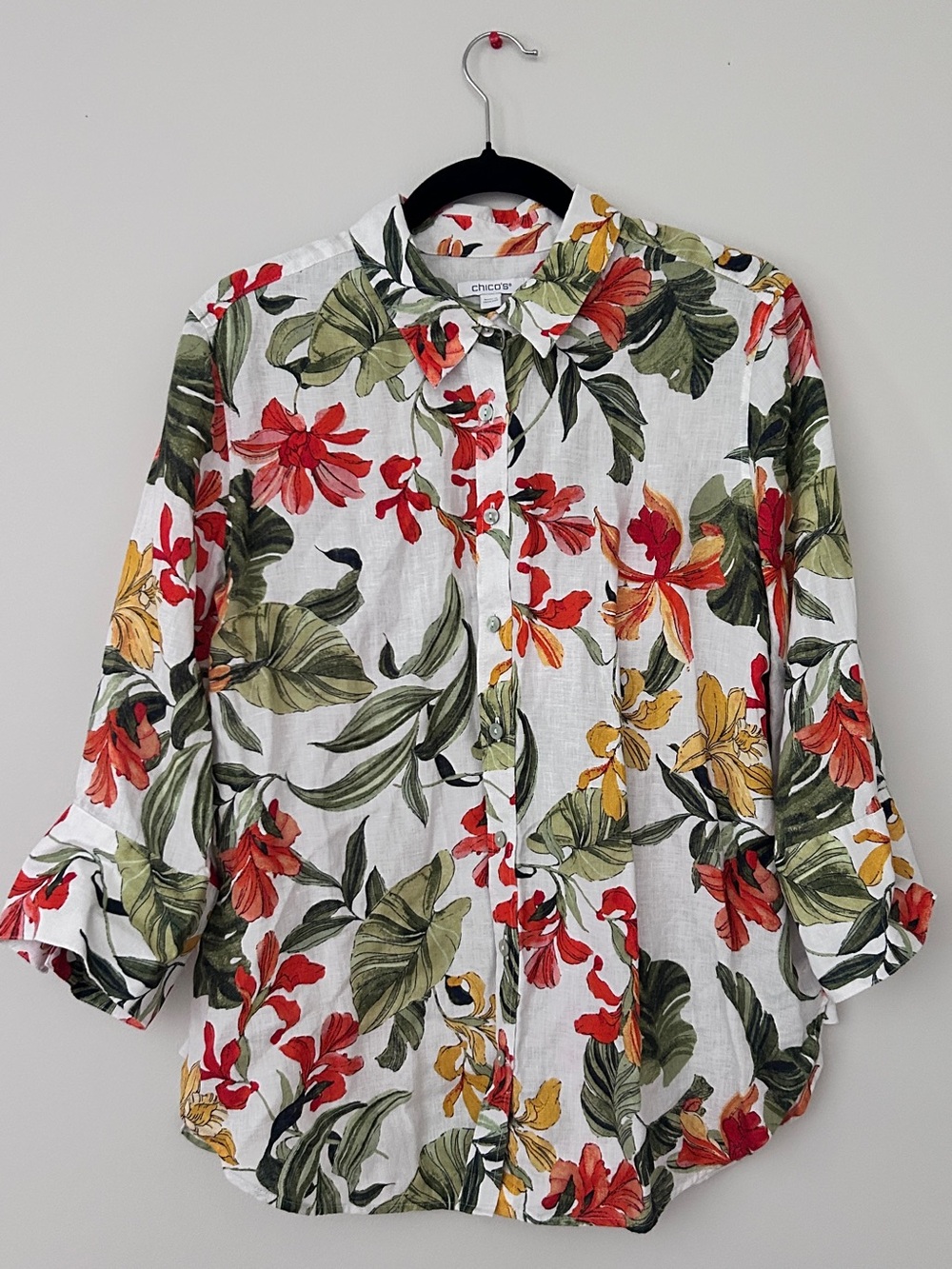 Chico's White Linen Button-Down with Red, Yellow & Green Floral Print